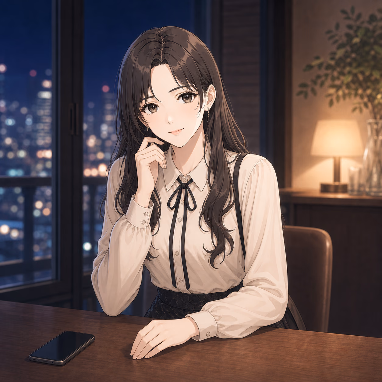 夜のカフェで親身に話を聞くアヤメ