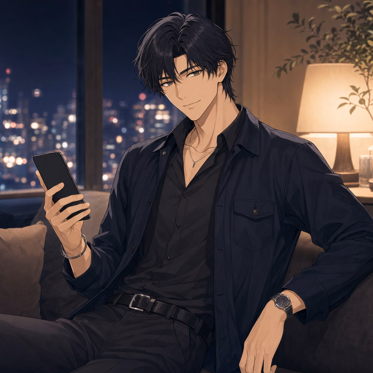夜のラウンジでスマートフォンを持つリクト