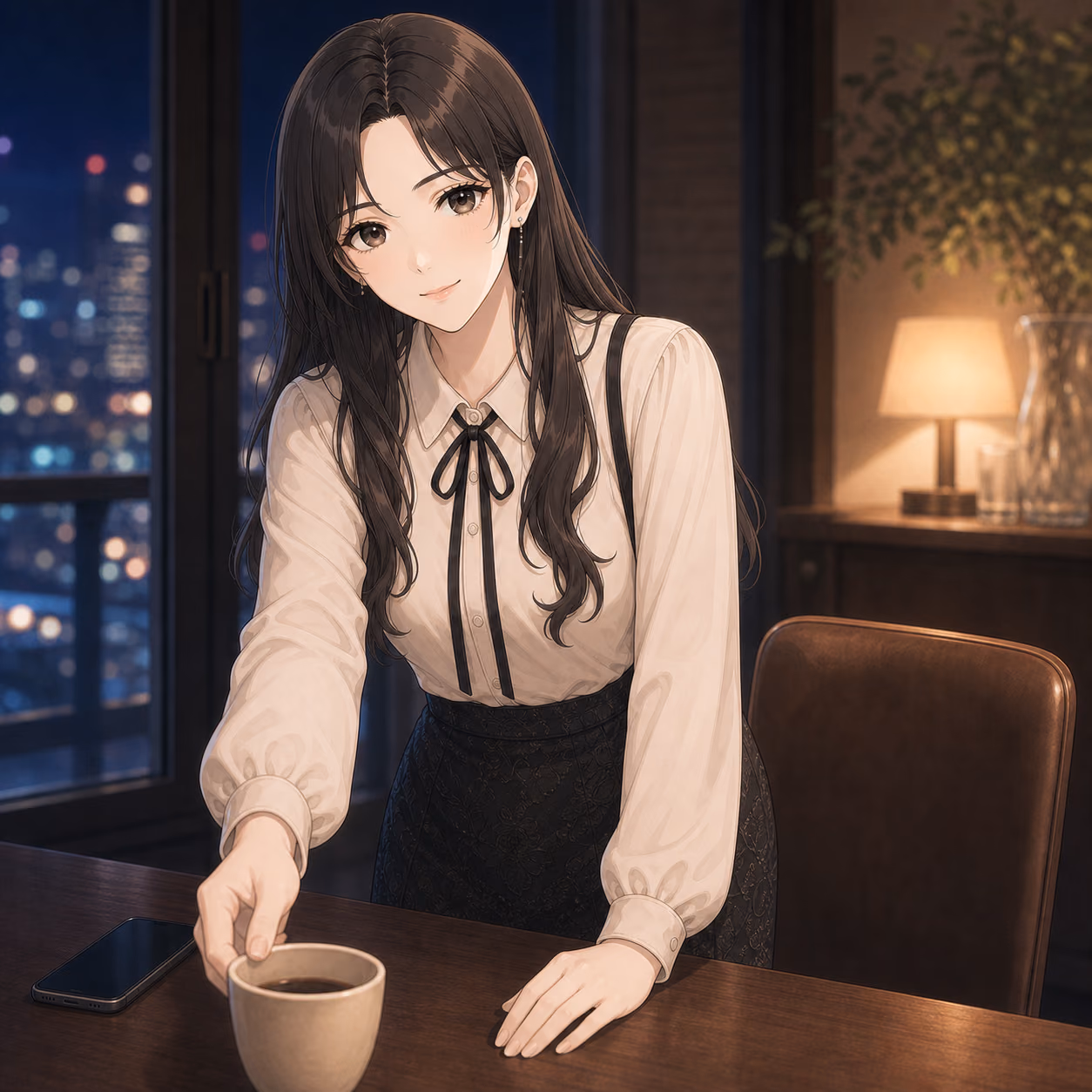 空席へ温かい飲み物を差し出すアヤメ