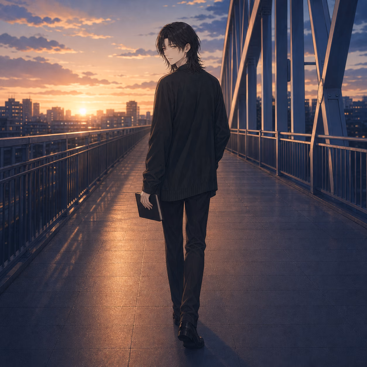 夕暮れの歩道橋で肩越しに振り返る全身姿のナギ