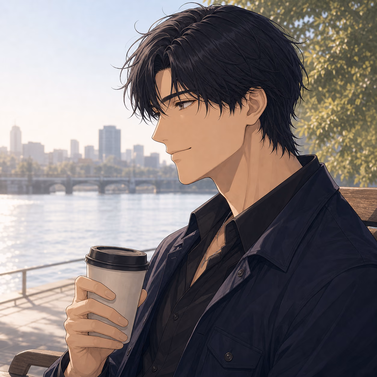 朝の川辺でコーヒーを持ち小さく笑う横顔のリクト