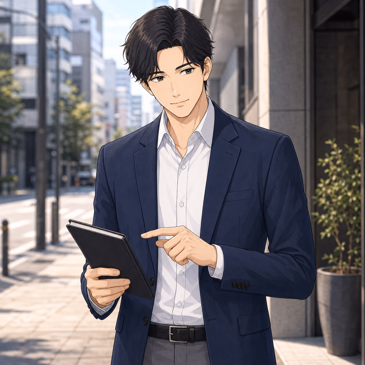 街で手帳を持ち柔らかく予定を確認するシン