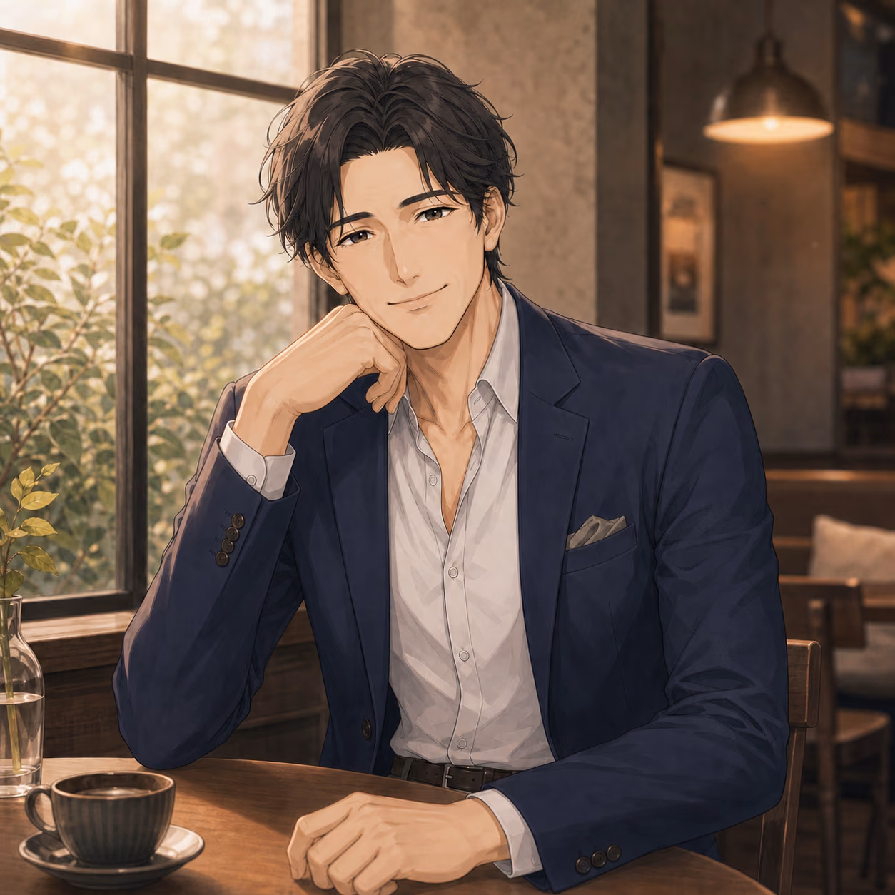 明るいカフェでプロフィール写真のような笑顔を見せるユウジ