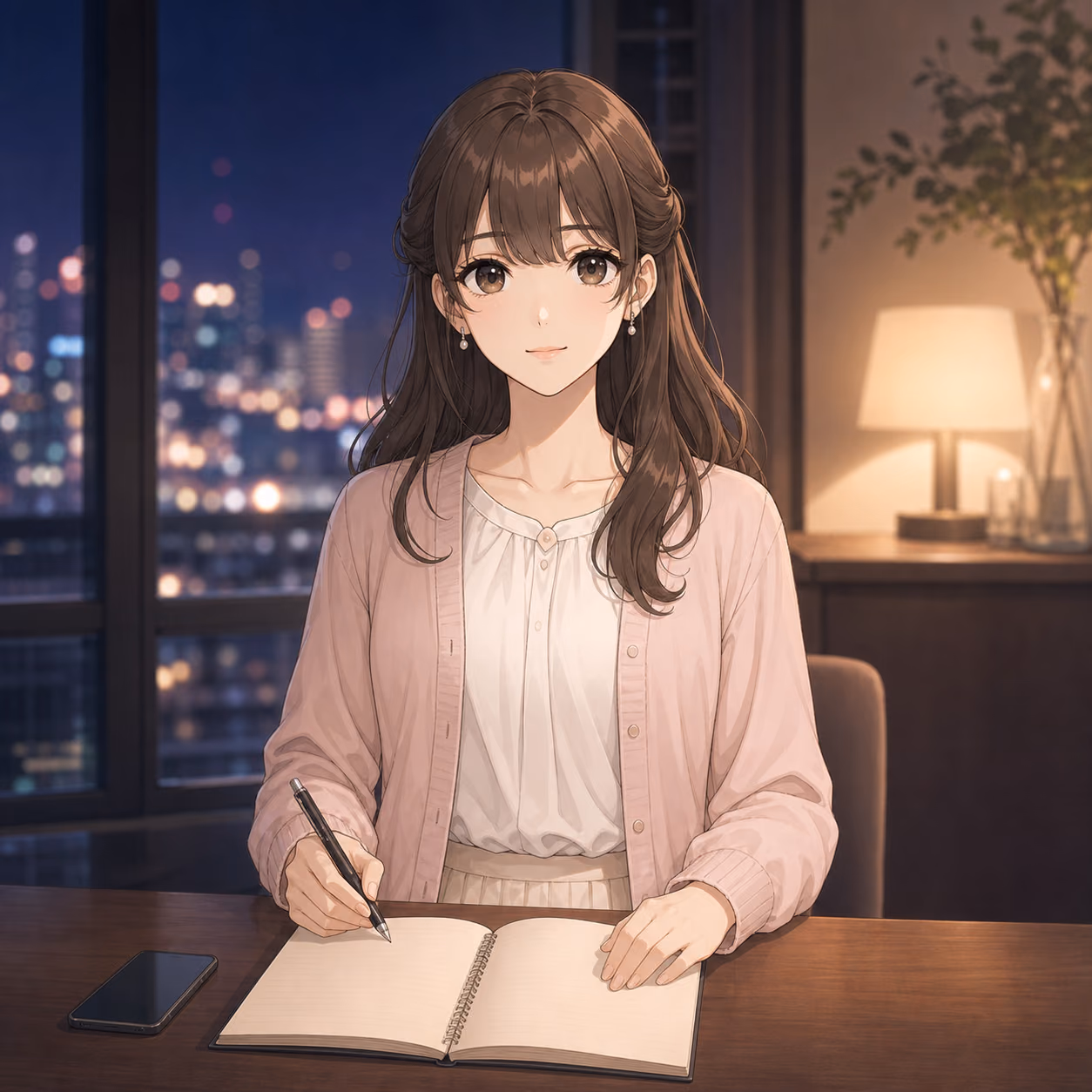 夜の恋ノート・ラウンジでノートを書くミオ