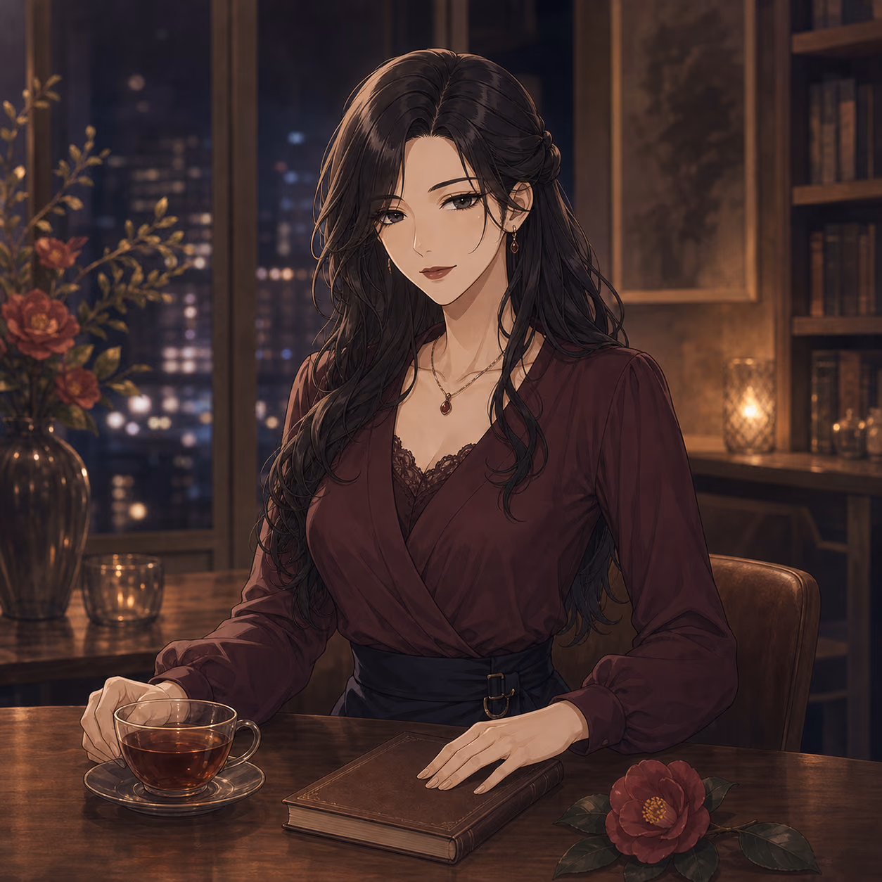 紅茶と古書の前で穏やかに見守るツバキ