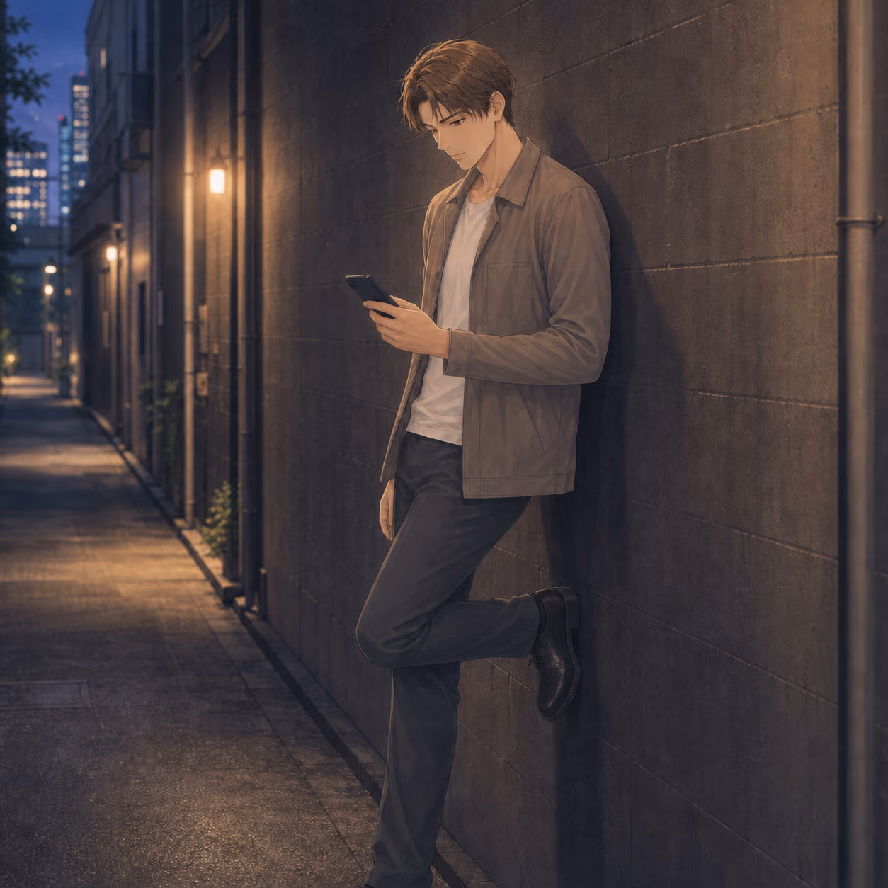 都会の路地で壁にもたれ片手でスマートフォンを見る無表情のカナタ