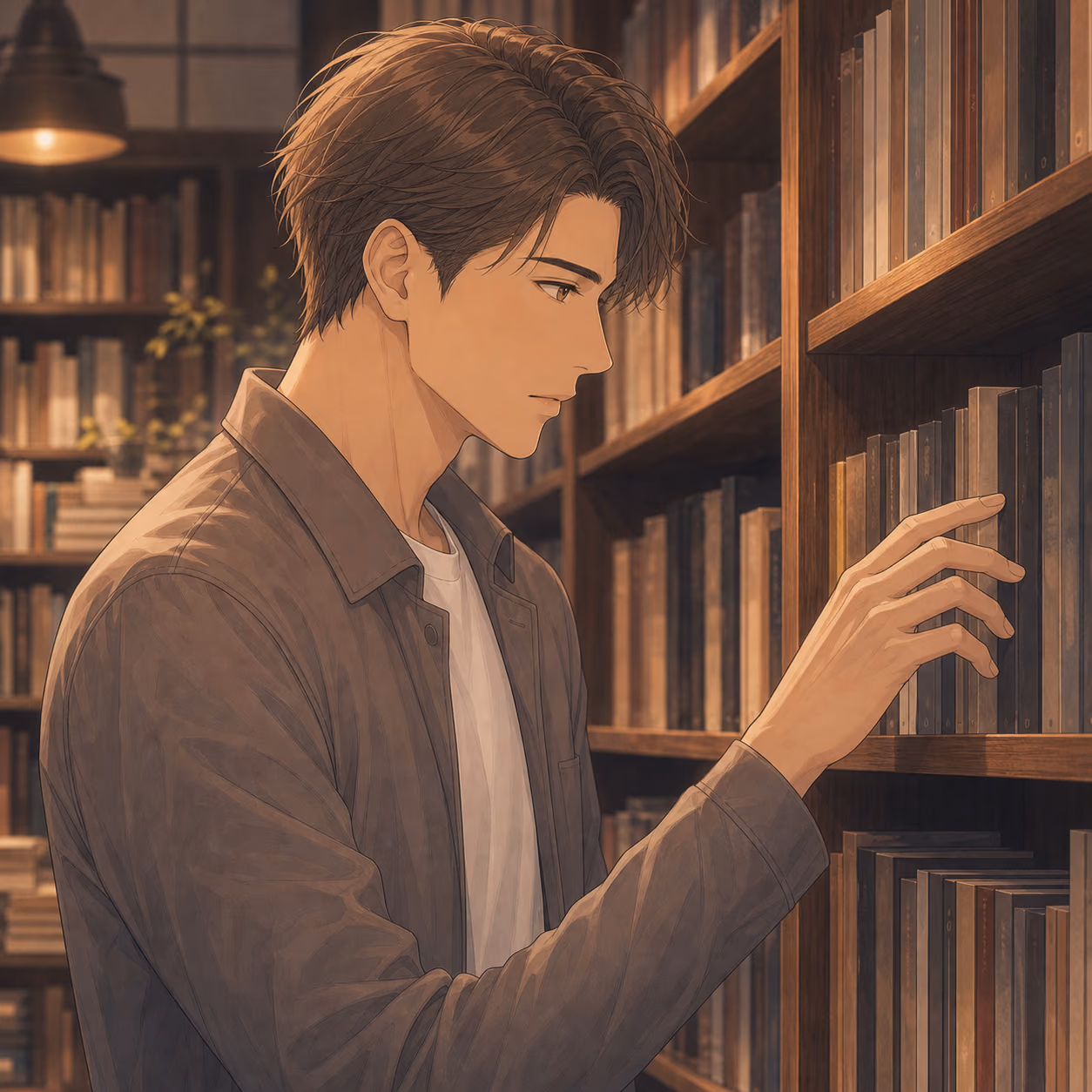 静かな書棚で本を真剣に選ぶ横顔のカナタ