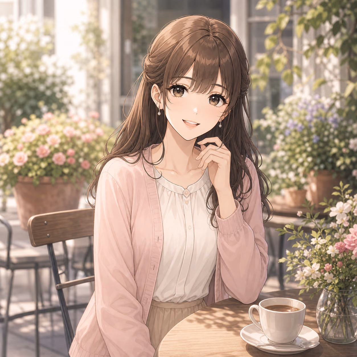 花のある明るいカフェテラスで自然に笑うミオ