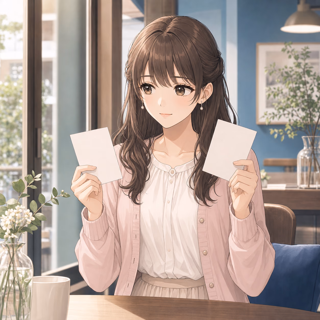明るいカフェで二枚の無地カードを見比べるミオ