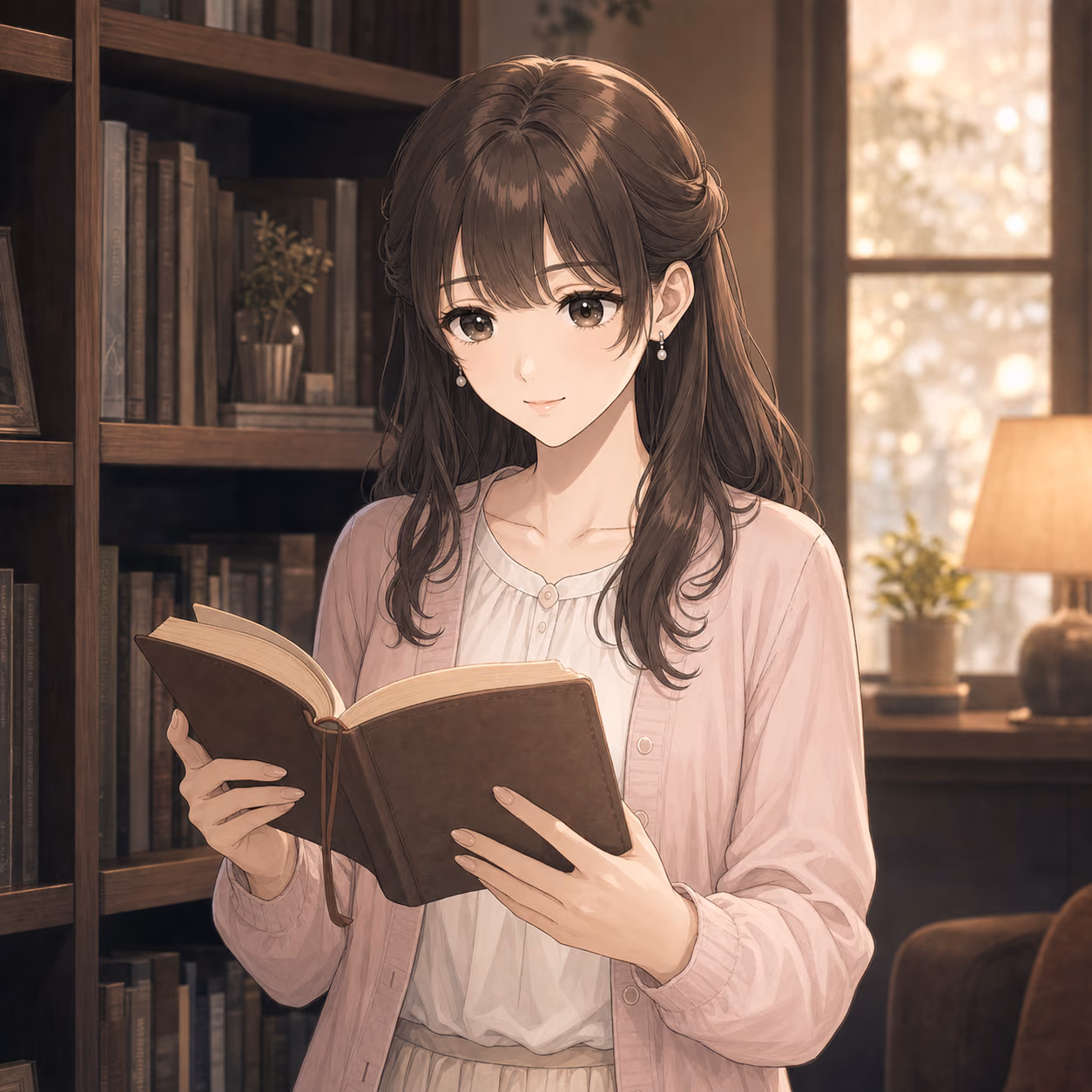 本棚のそばで古い恋愛ノートを読むミオ