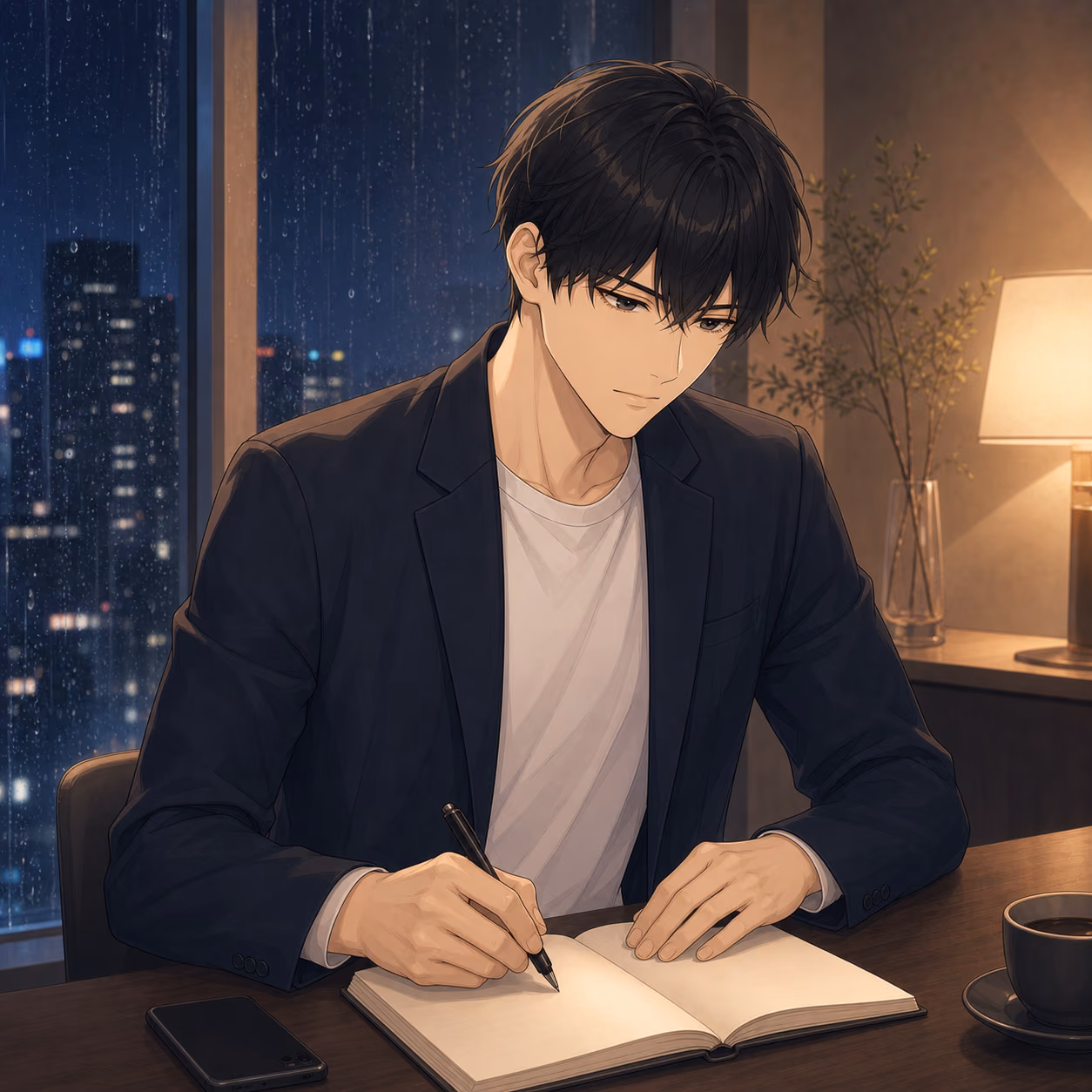 夜の机でスマートフォンを伏せノートへ書くレン