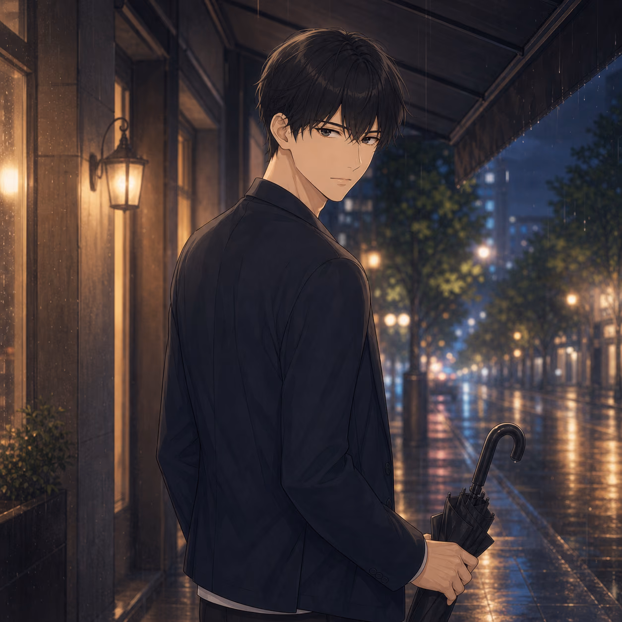 雨の街の軒下で傘を持ち振り返るレン