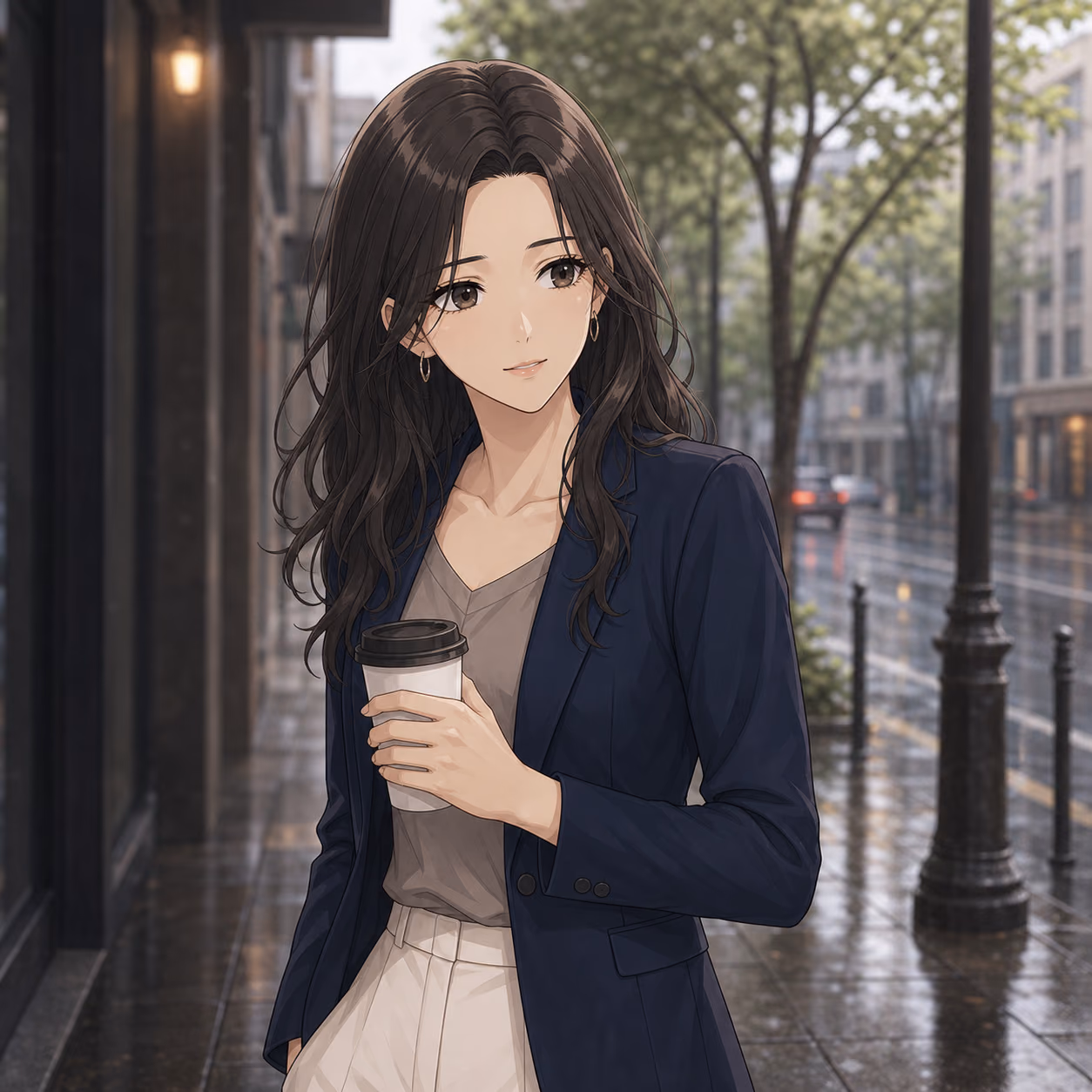 雨上がりの街で持ち帰りカップを手にするサヤ