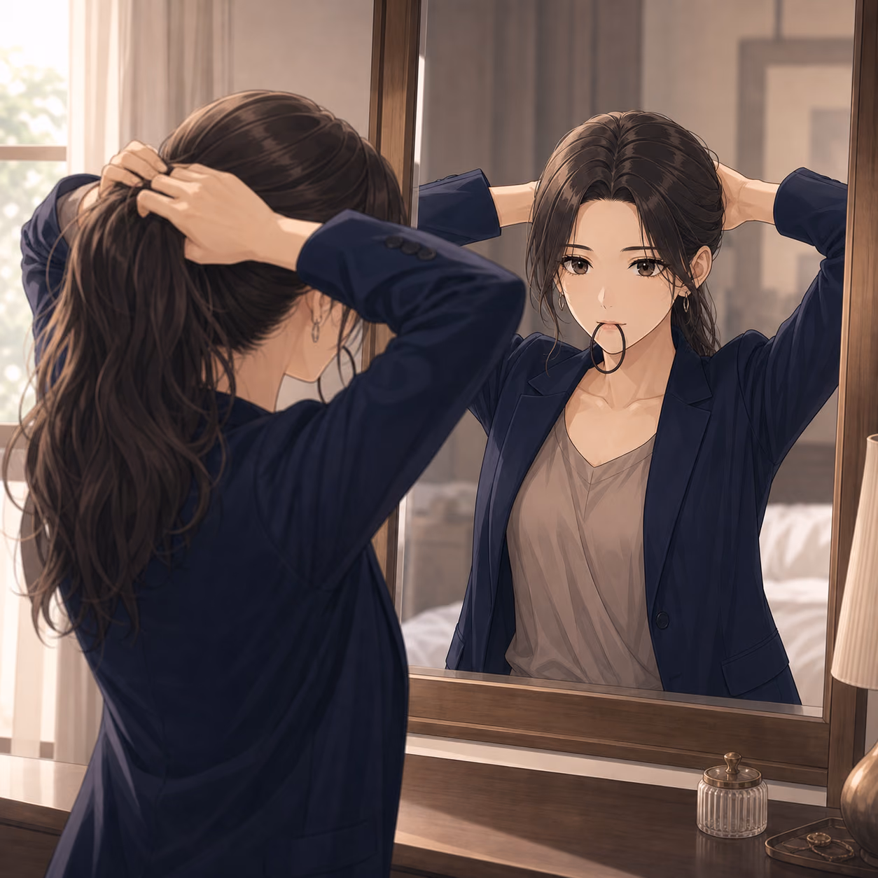鏡を見ながら髪留めを口にくわえて髪をまとめるサヤ