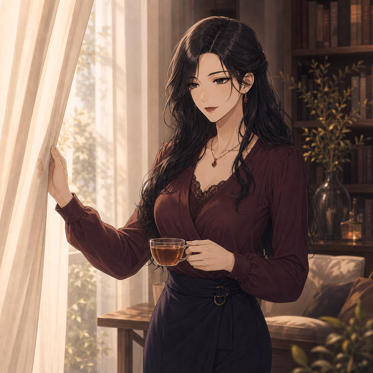 朝のラウンジでカーテンを開き紅茶を手にするツバキ