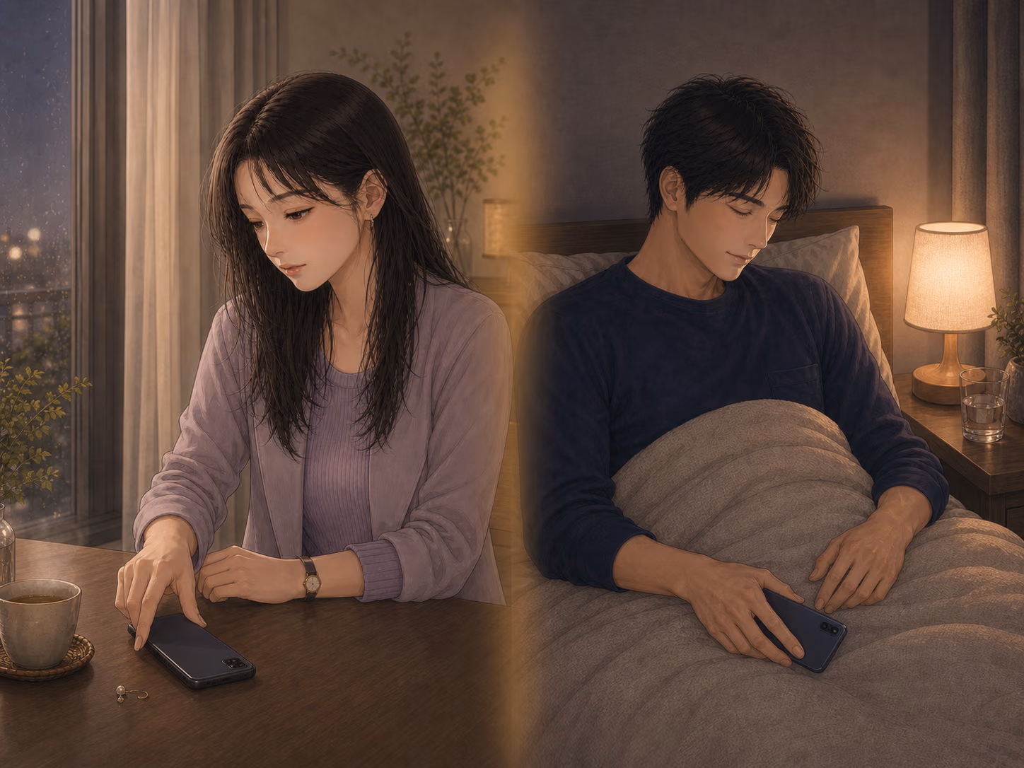 デートを延期した二人が離れた部屋で過ごし、女性は連絡を急かさず、男性は安心して身体を休める場面