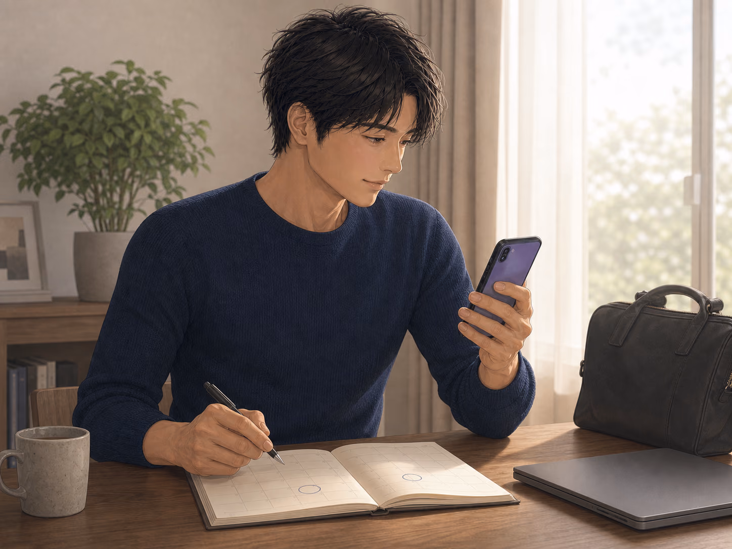 体調不良でデートを延期した成人男性が、回復後に自分の手帳へ二つの候補日を用意して連絡する場面