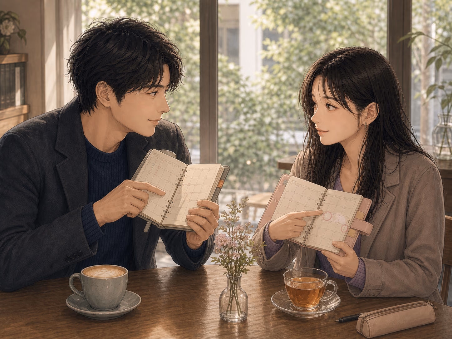 回復後の二人がそれぞれの手帳を持ち寄り、目を合わせながら次の候補日を相談する場面
