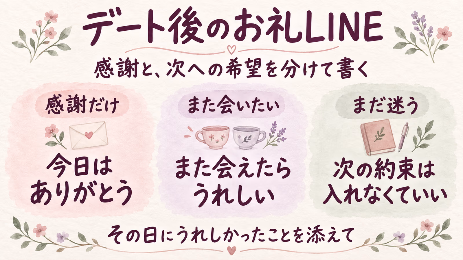 デート後のお礼LINE例文｜感謝だけ伝えるとき・また会いたいときのイメージ画像