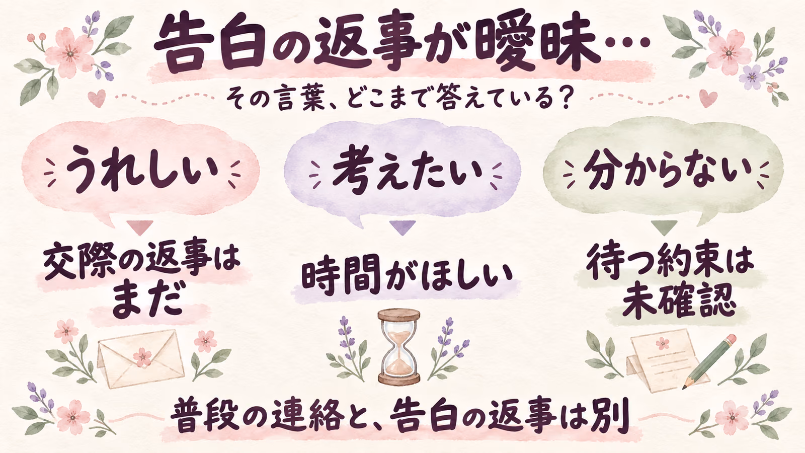 告白の返事が曖昧なとき｜「うれしい」「友達から」の受け取り方と確認例文のイメージ画像