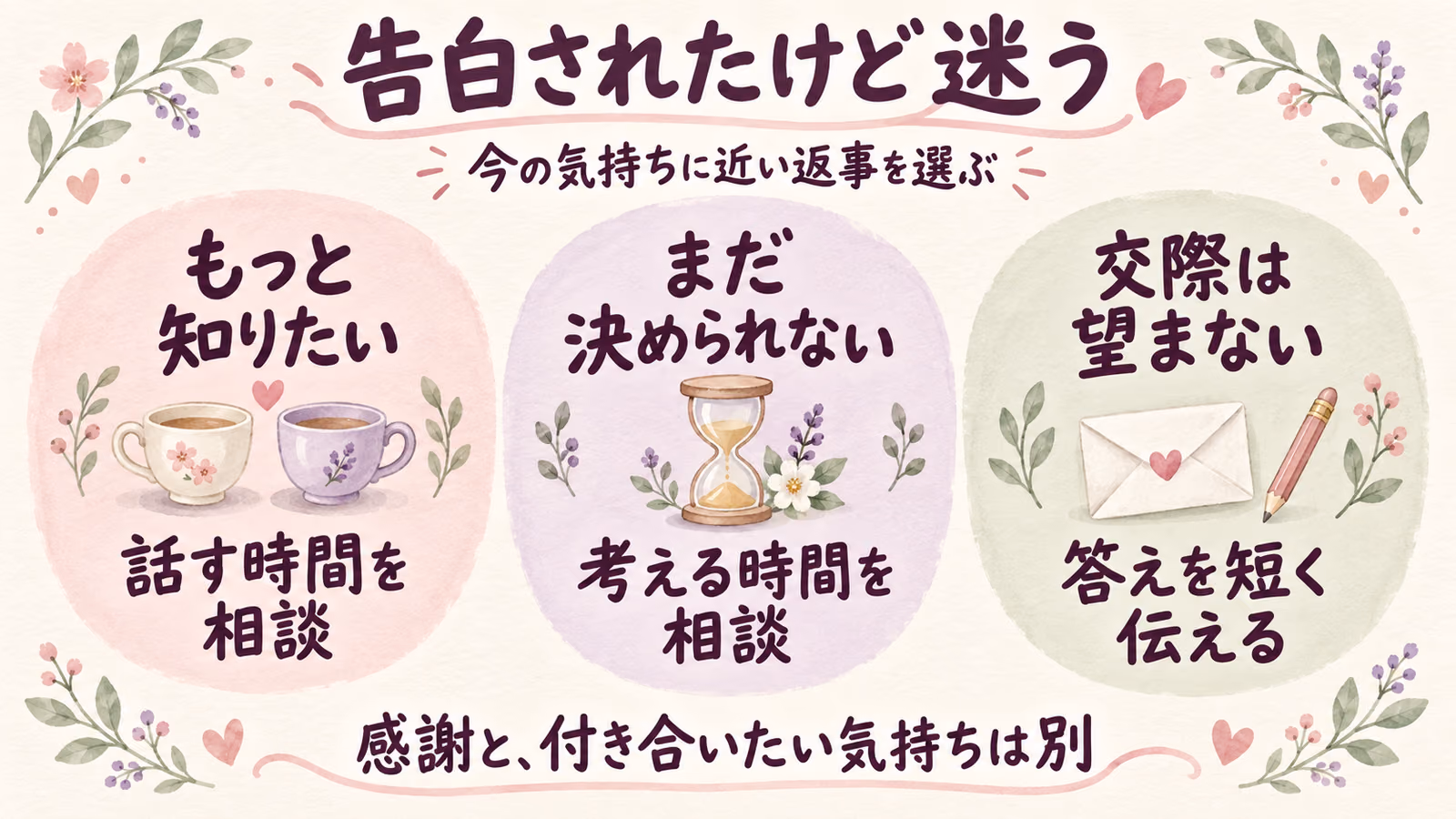 告白されたけど迷うとき｜うれしさと、付き合いたい気持ちから考えるのイメージ画像