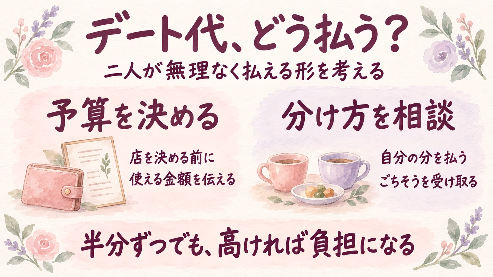 デート代は割り勘？奢り？付き合う前の予算・会計の相談例のイメージ画像