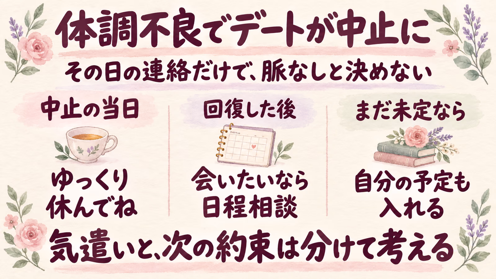 デートを体調不良でキャンセルされたら脈なし？次の予定の考え方のイメージ画像
