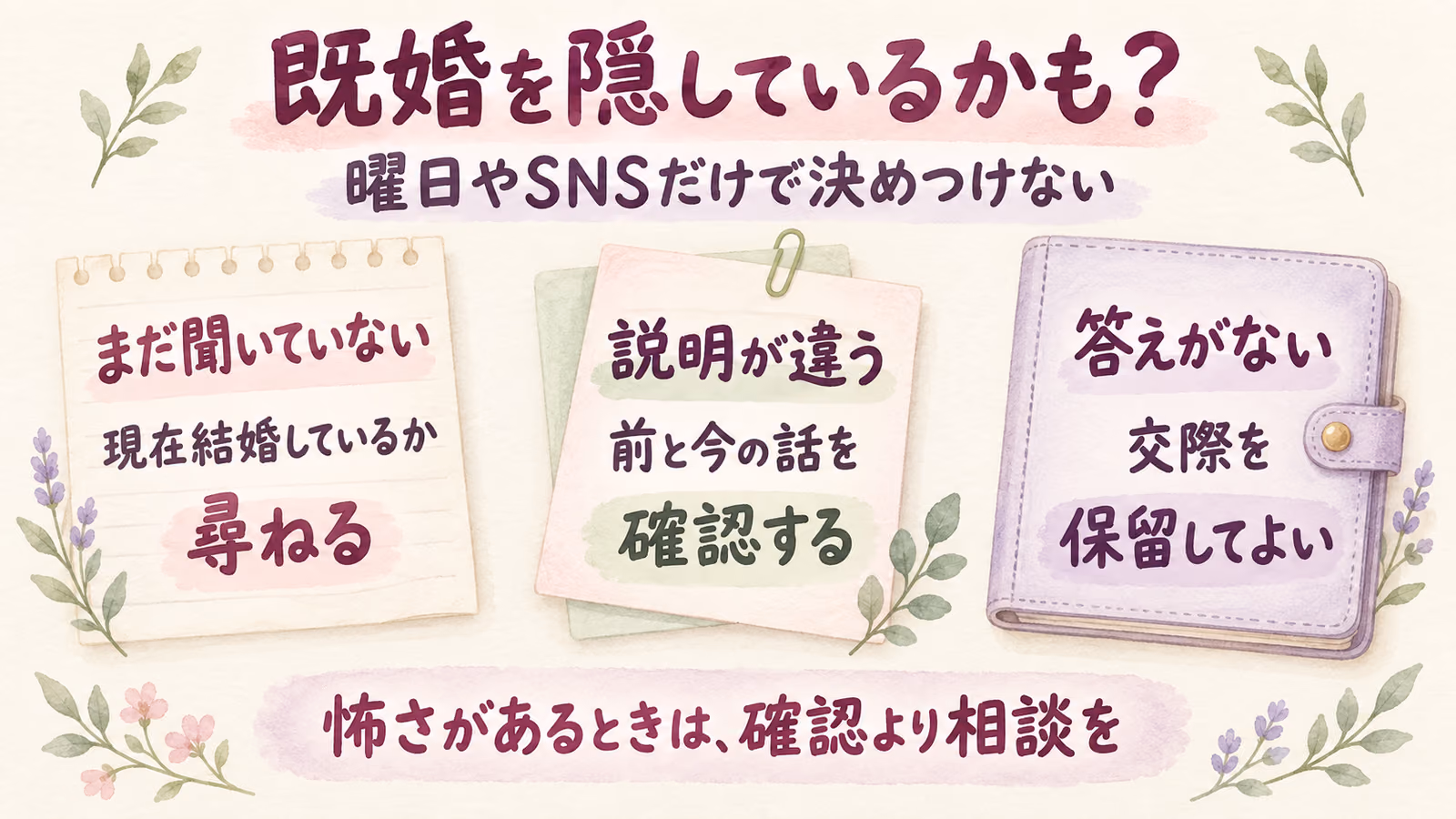 既婚を隠しているかも？会える曜日より、聞いた答えと食い違いを整理するのイメージ画像