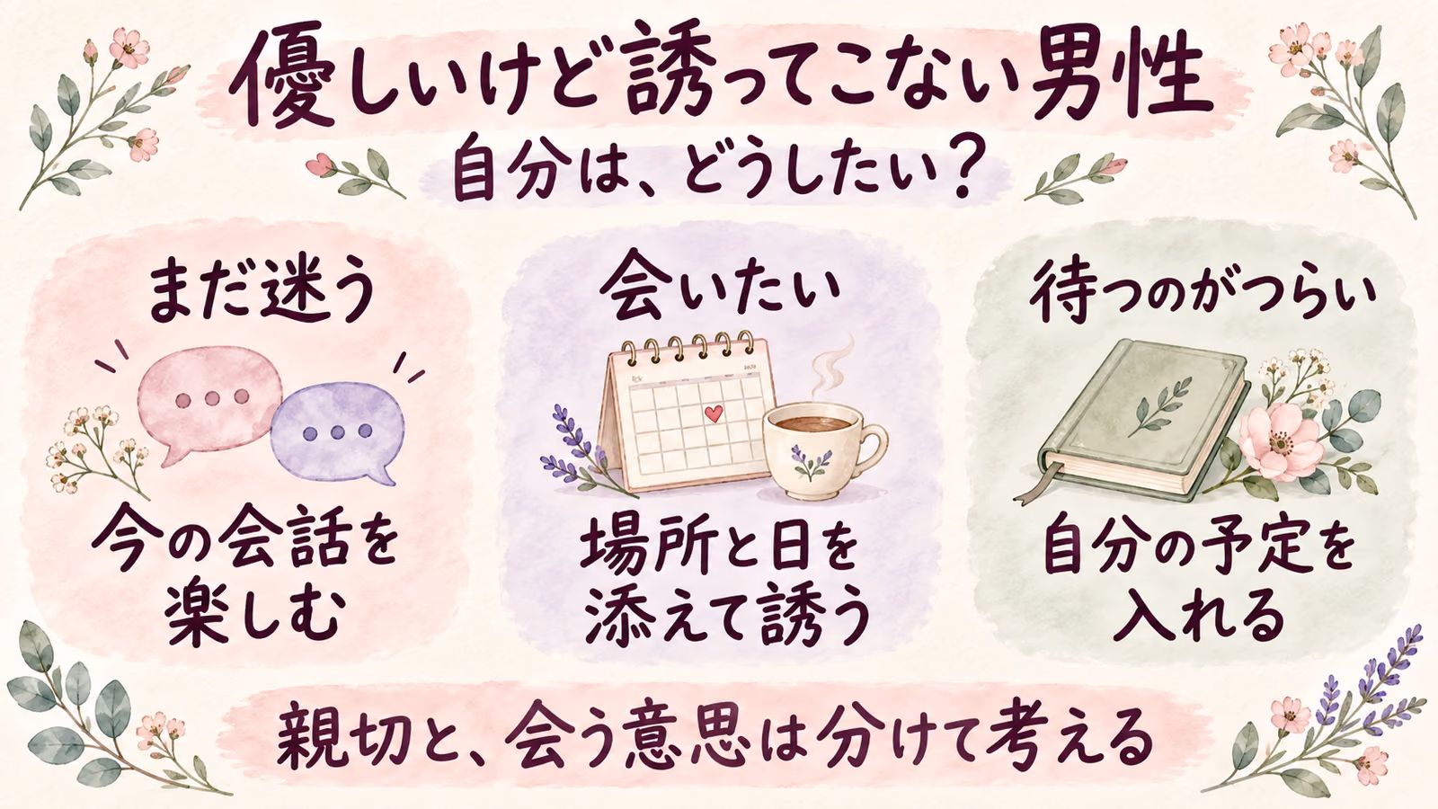 優しいけど誘ってこない男性は脈なし？親切と会う予定を分けて考えるのイメージ画像