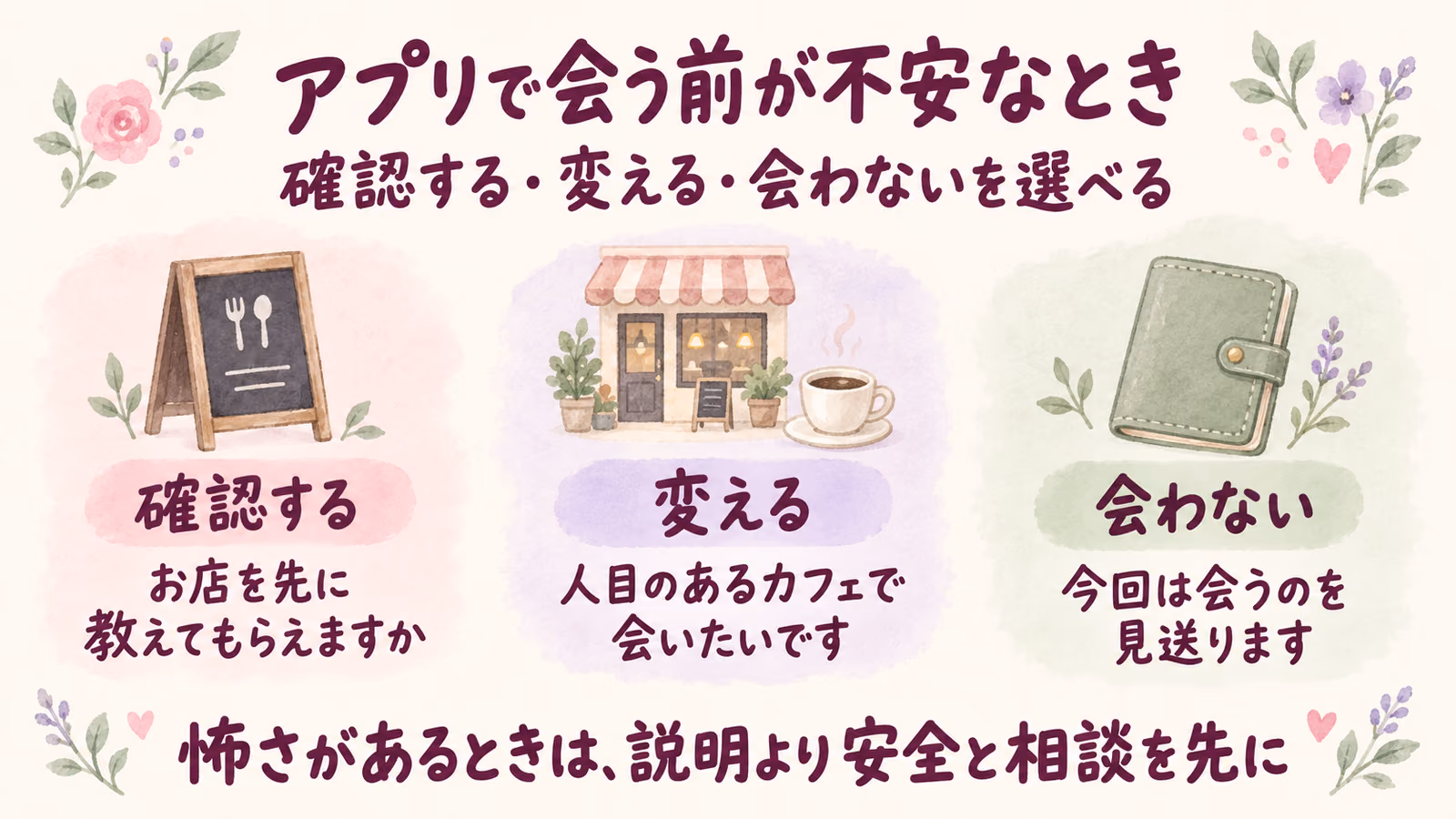 マッチングアプリで会う前が不安な時｜確認・変更・断る言葉のイメージ画像