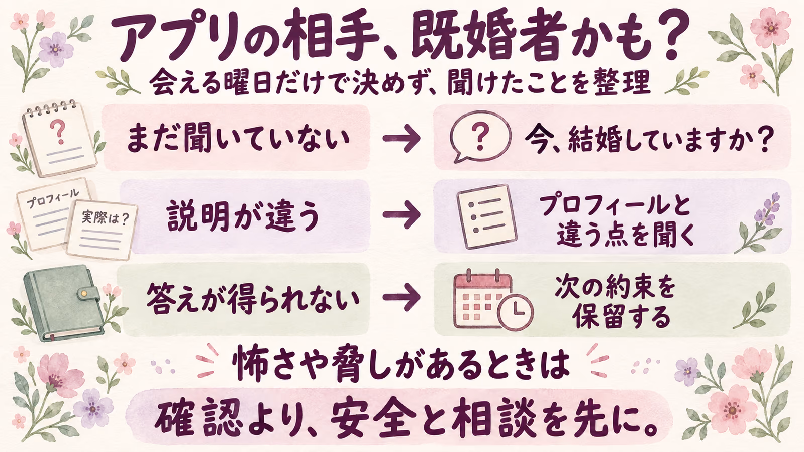 マッチングアプリで既婚者かも？プロフィール・本人確認・聞いた答えを分けるのイメージ画像