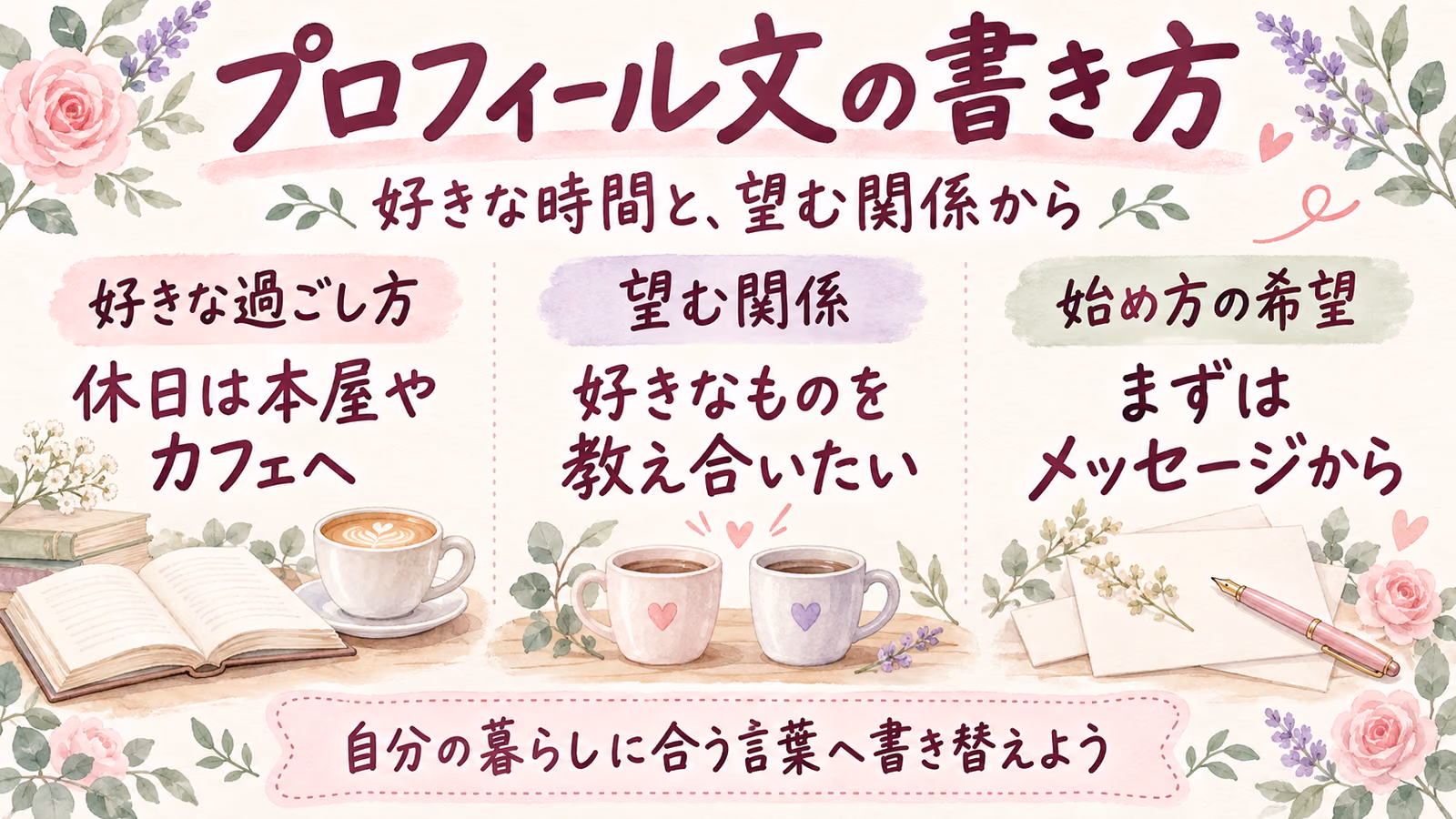 マッチングアプリのプロフィール文の書き方｜自分の暮らしが伝わる例文のイメージ画像