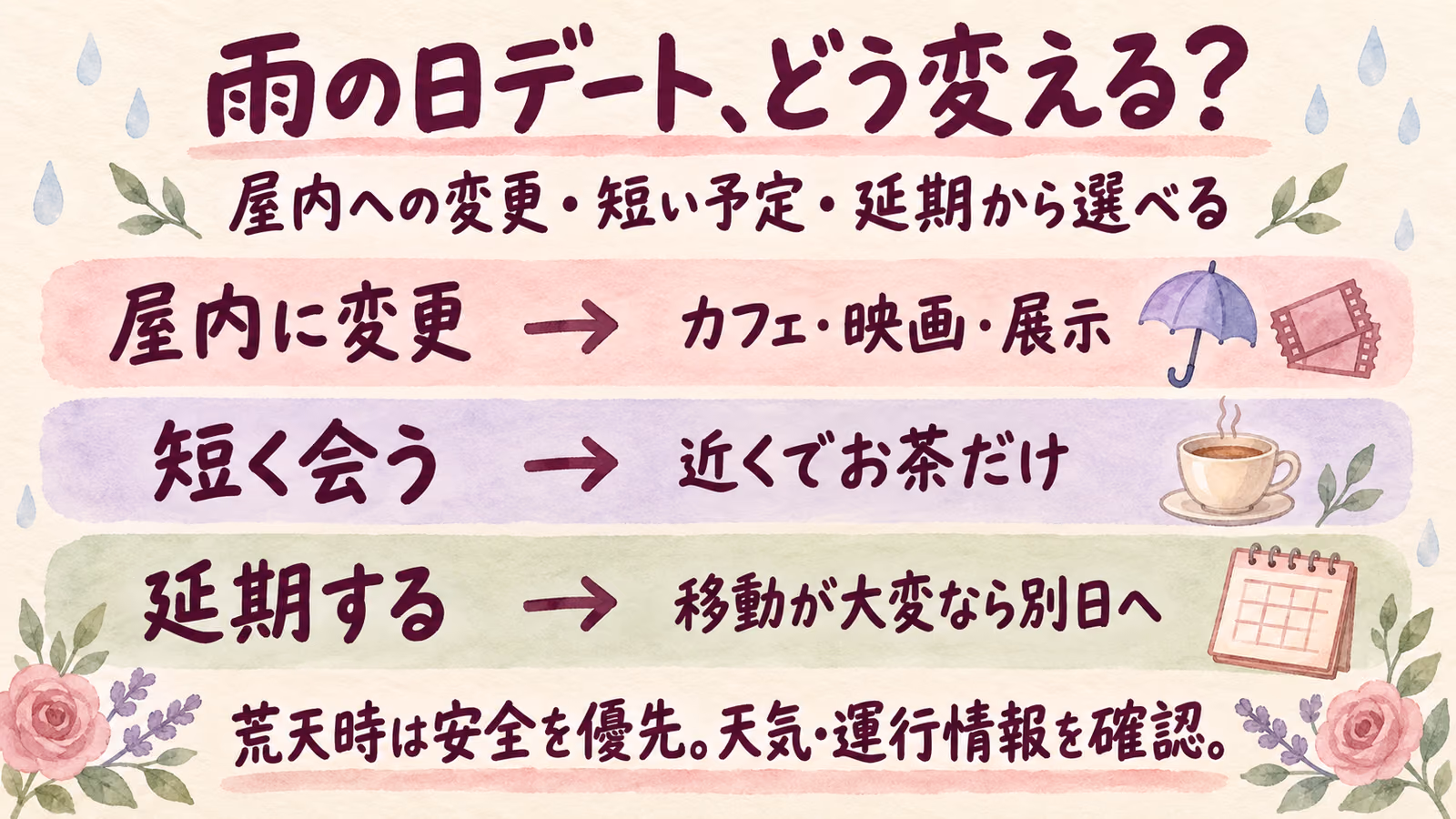 雨の日デートはどこに行く？屋内3候補と、予定変更の伝え方のイメージ画像