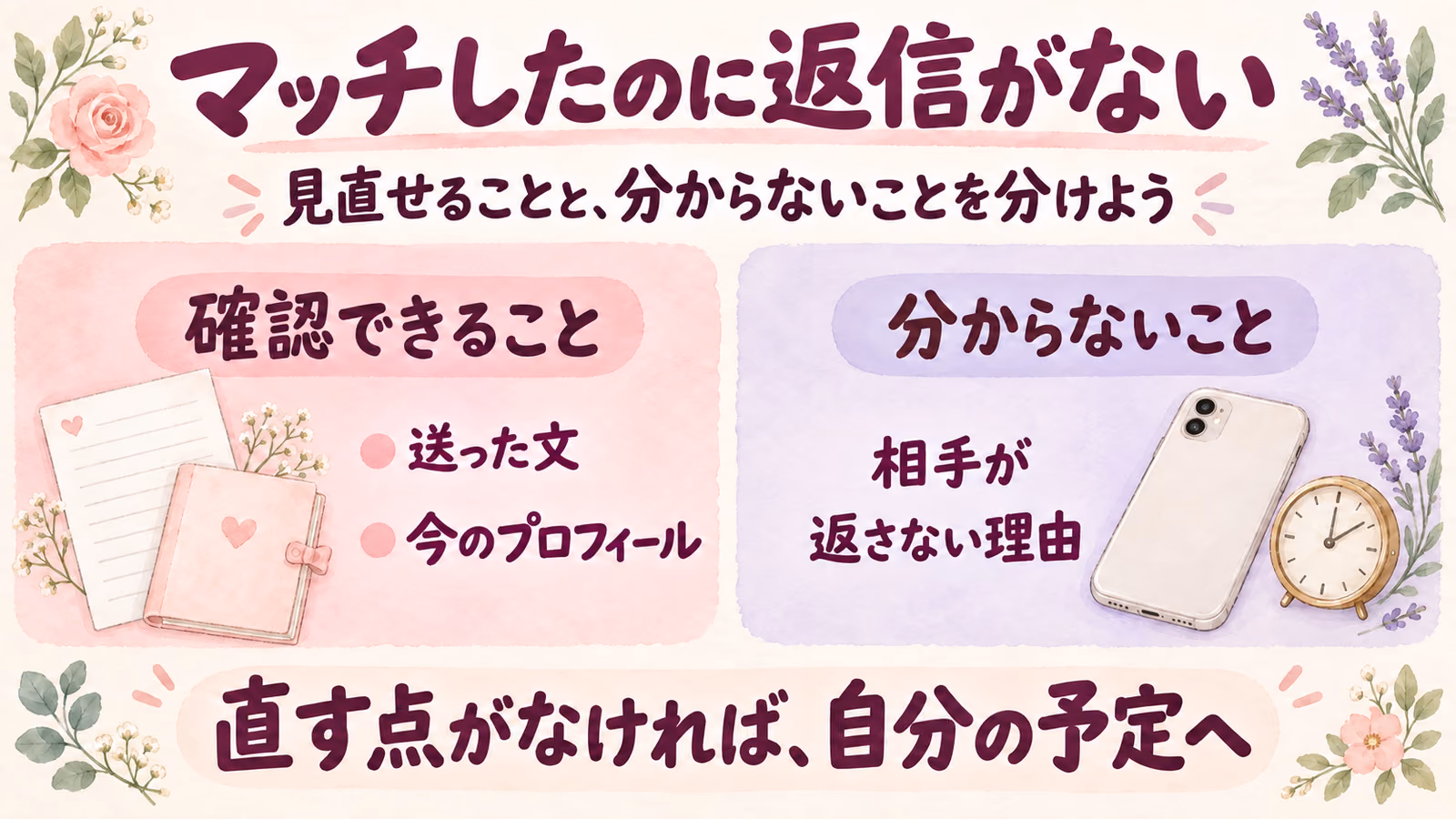マッチングしたのに返信が来ないとき｜見直せることと待たなくてよいことのイメージ画像