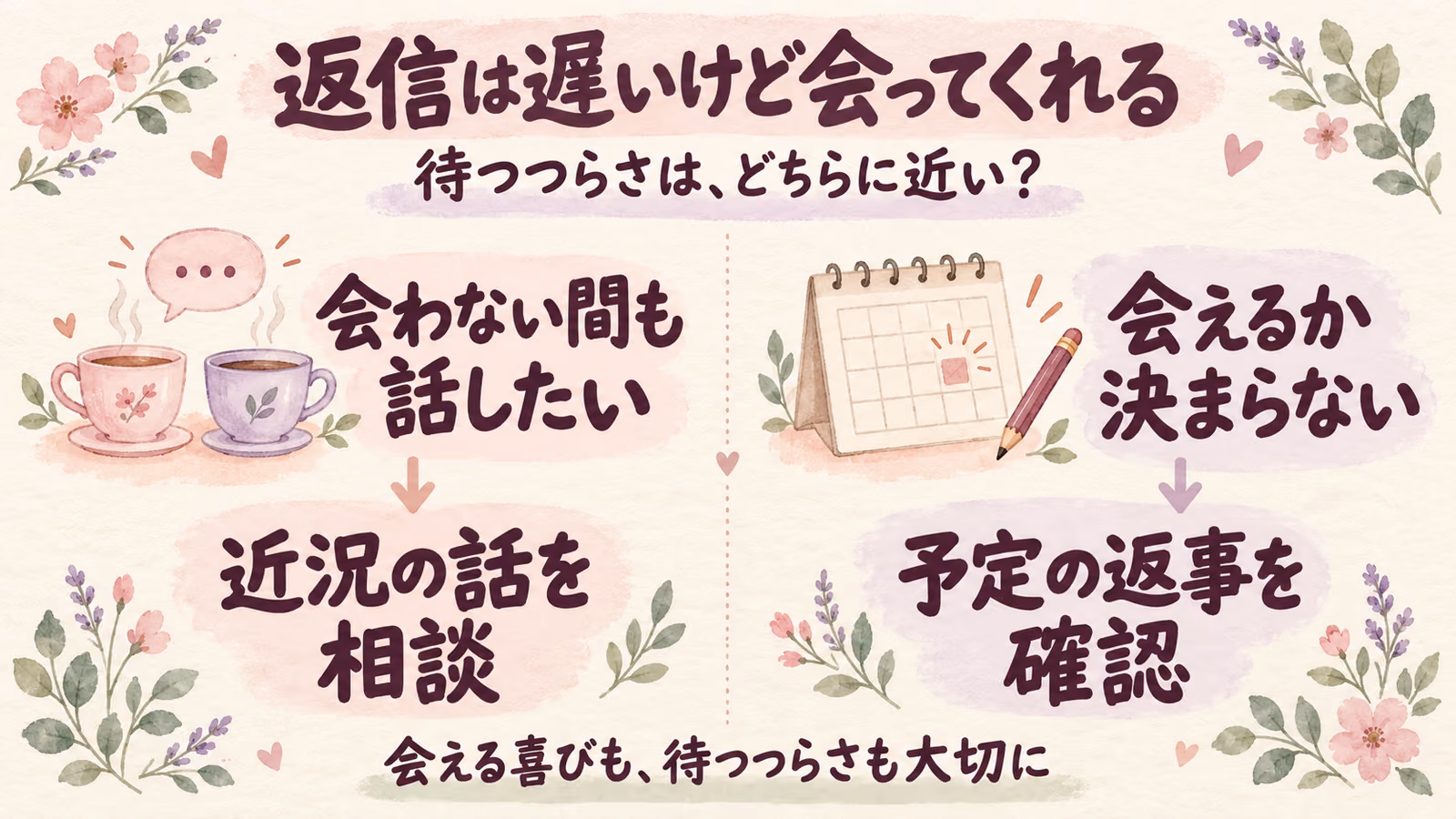 返信は遅いけど会ってくれる。会える喜びと待つつらさの整理のイメージ画像