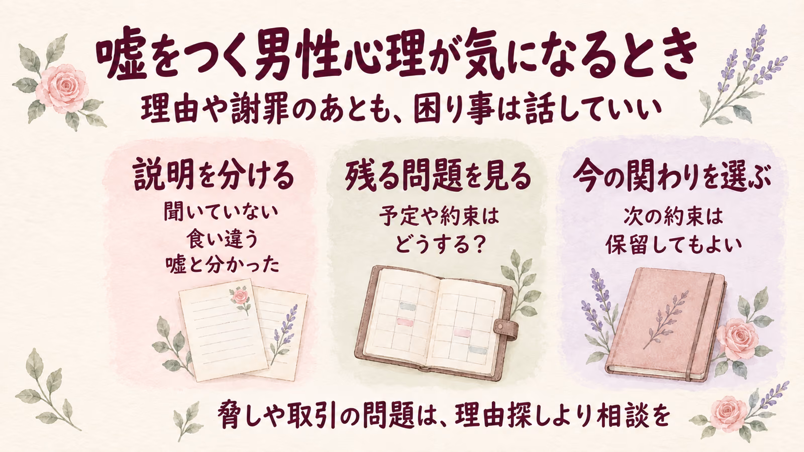 嘘をつく男性心理｜小さなうそと、信頼を傷つけるうそを分けて考えるのイメージ画像