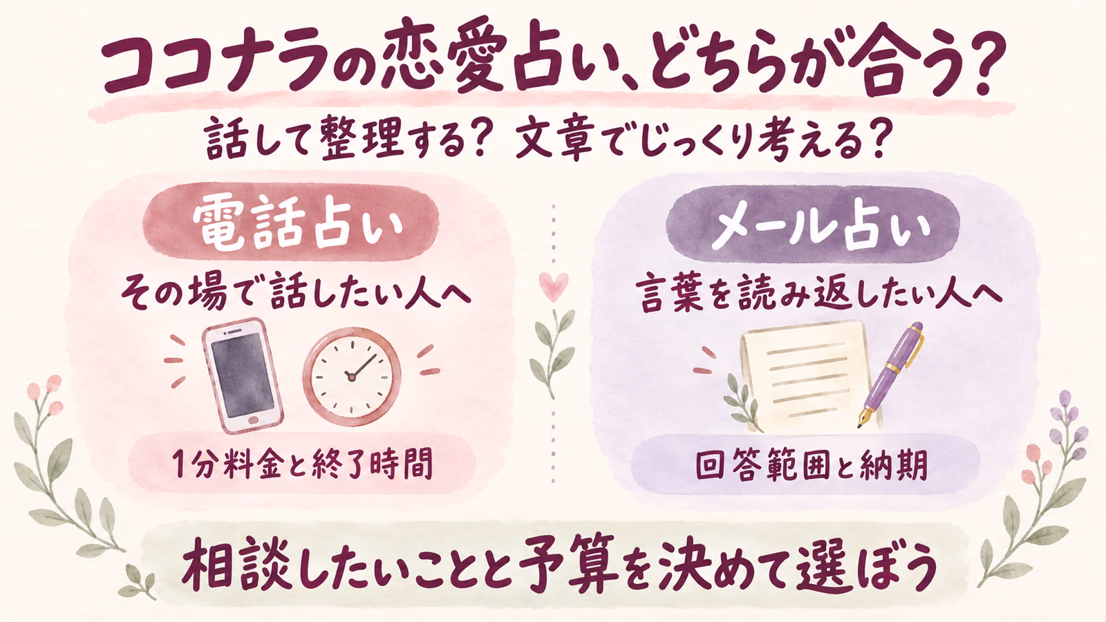 ココナラの恋愛占い、どちらが合う？。話して整理する？ 文章でじっくり考える？。電話占い：その場で話したい人へ／1分料金と終了時間。メール占い：言葉を読み返したい人へ／回答範囲と納期。相談したいことと予算を決めて選ぼう。