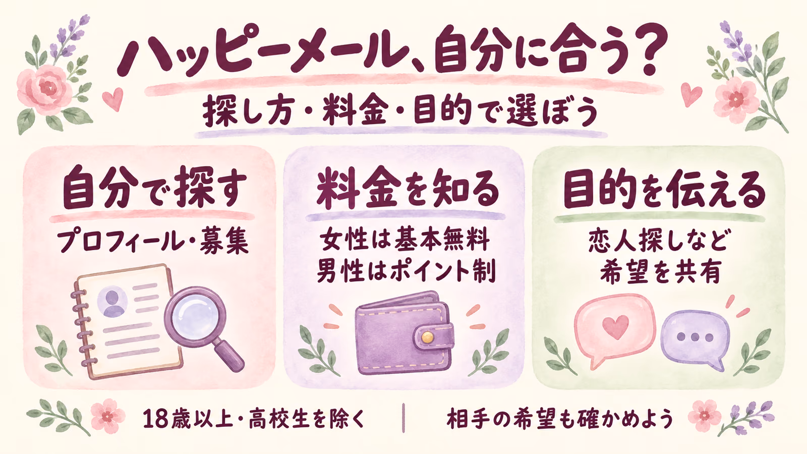 ハッピーメール、自分に合う?。探し方・料金・目的で選ぼう。自分で探す:プロフィール・募集。料金を知る:女性は基本無料/男性はポイント制。目的を伝える:恋人探しなど希望を共有。18歳以上・高校生を除く。相手の希望も確かめよう。