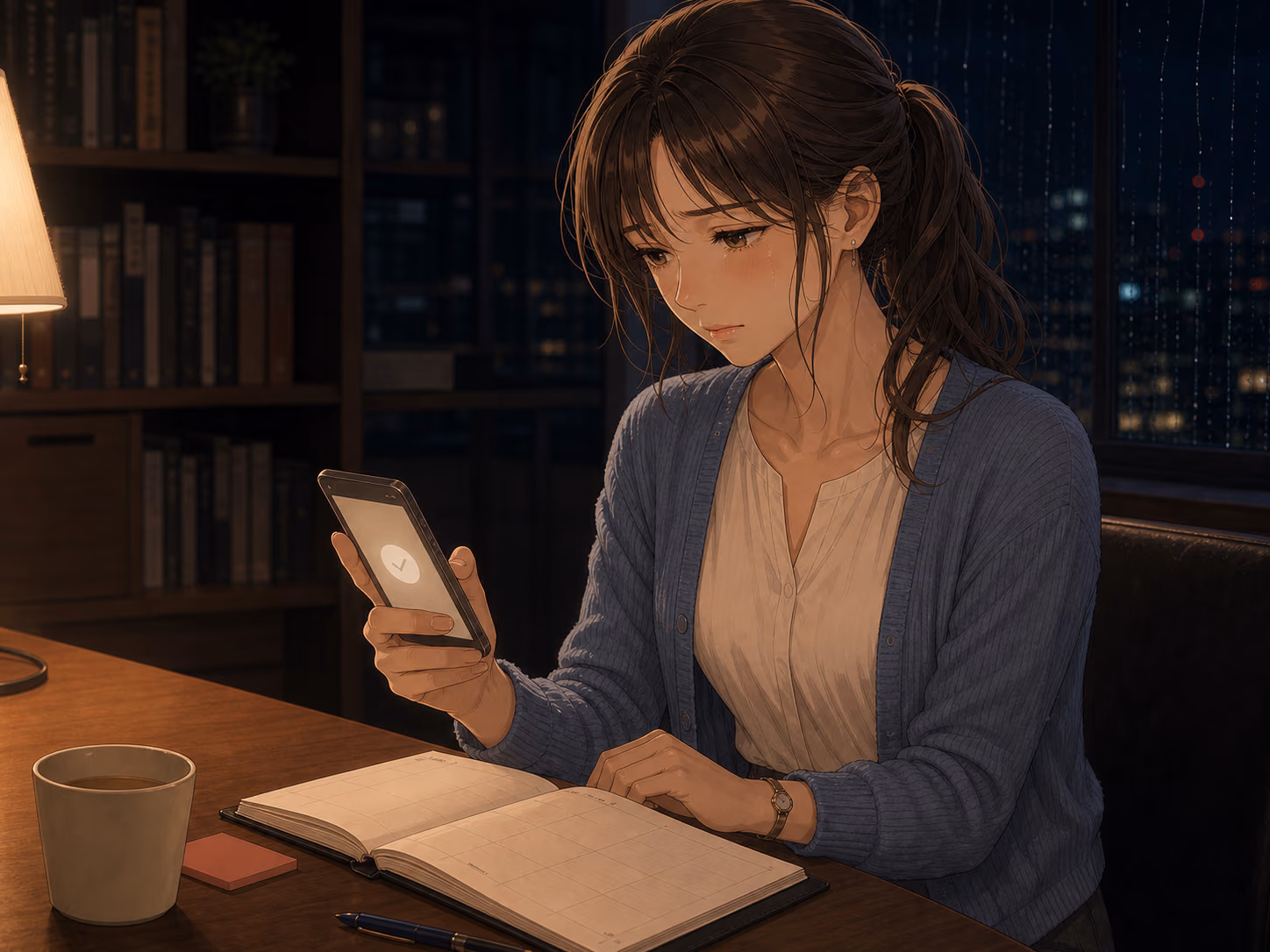 雨の夜の編集室で予約の取り消しを確定し、涙を浮かべながらスマートフォンを見つめる成人女性