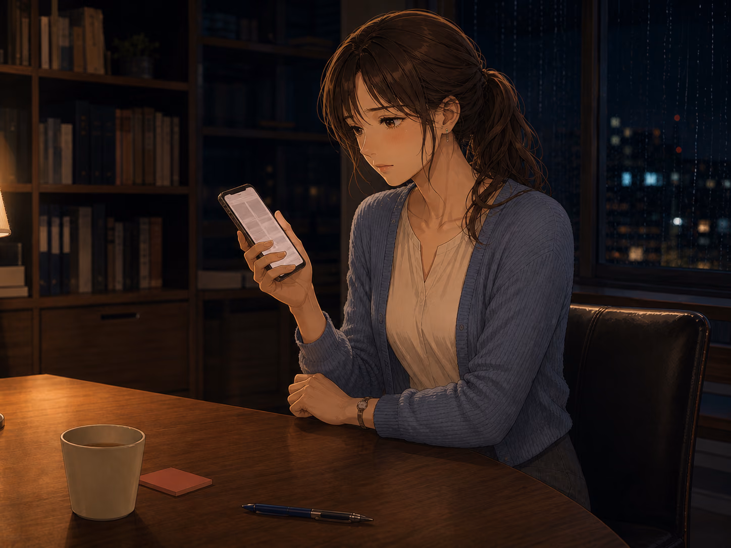 雨の夜の編集室で、二人分の予約画面と手をつけていない紅茶を前に返事を待つ成人女性