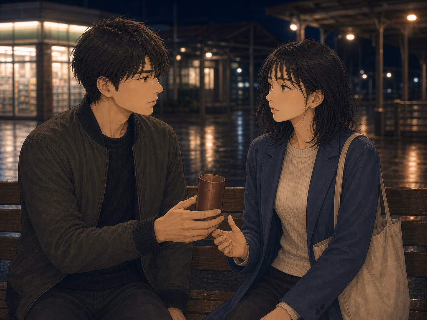 雨上がりの深夜の駅前ベンチで、成人男女が見つめ合いながら温かいココアを手渡す場面