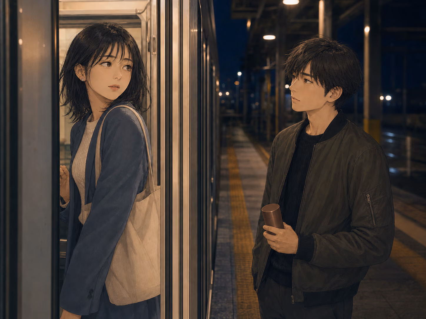最終電車へ乗った成人女性と、ココアを手にホームへ残る成人男性