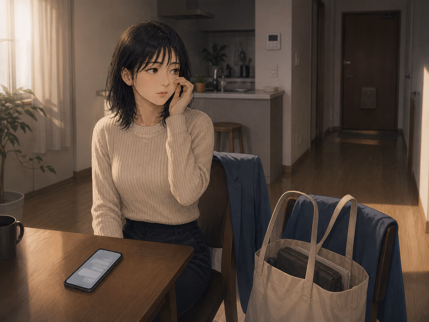 朝の部屋で関係を終える返信を送り、涙を拭きながら仕事へ向かう支度をした成人女性