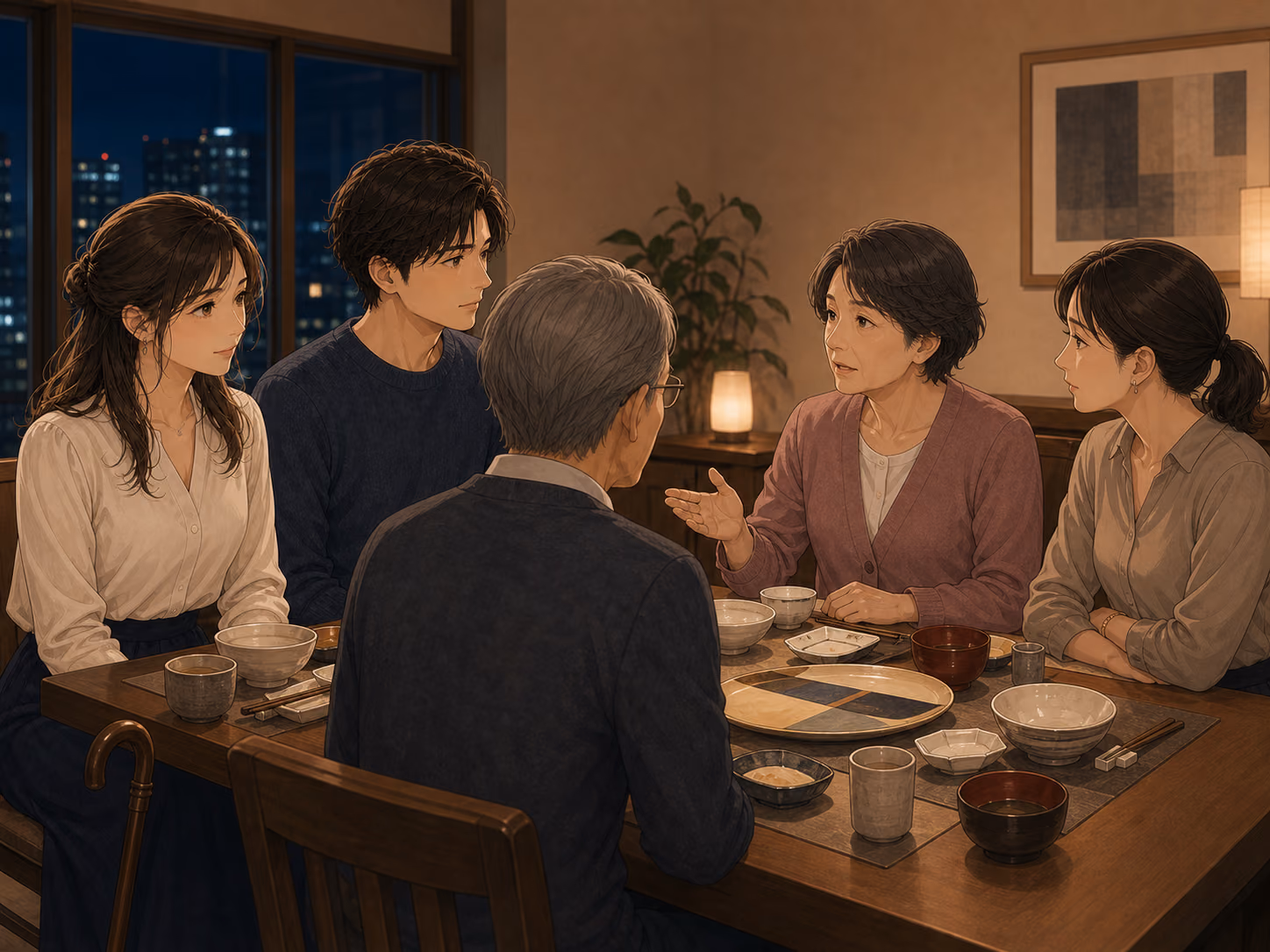 仙台の食卓で、成人の二人と彼の父母と姉が、それぞれに担える支え方を話す場面