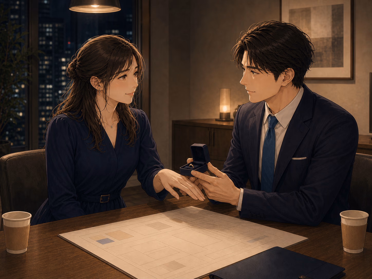 家族の役割を決め直し続ける約束を交わし、同じ高さの椅子に座ったまま指輪を前に見つめ合う二人