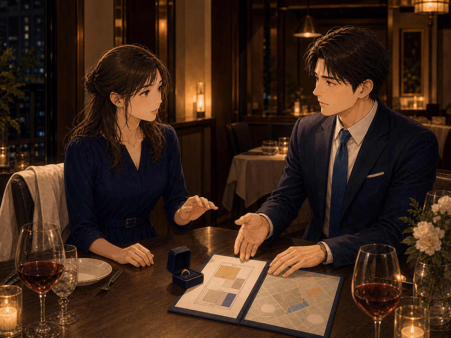 記念日のレストランで、指輪の箱と仙台の住まいを示す計画ファイルを同時に差し出された成人女性