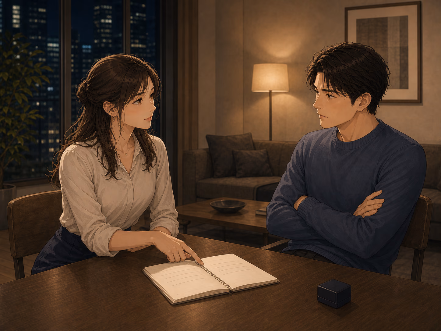翌日の部屋で、閉じた指輪箱とノートを挟み、互いの思い込みを同じ目線で話す成人の二人