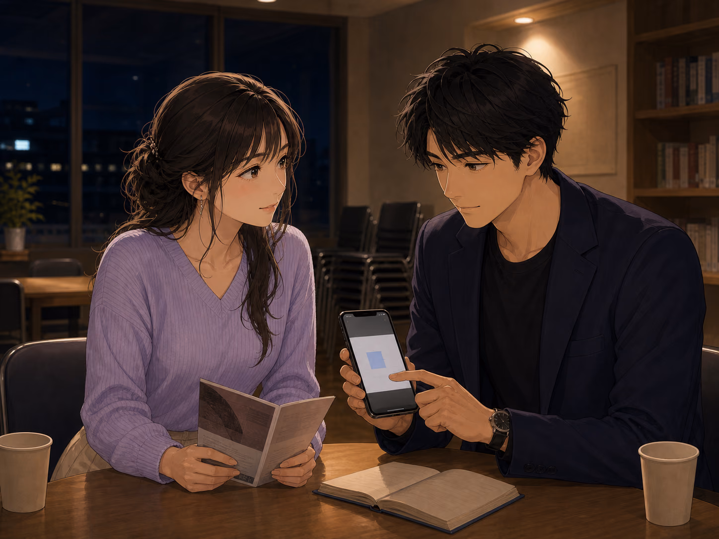 片づけ後の読書会会場で、写真展のチラシとスマートフォンの予定を一緒に確認する成人の二人