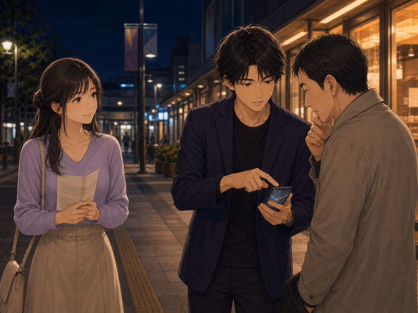 駅への帰り道で別の通行人へ道案内する成人男性を、写真展のチラシを持つ成人女性が穏やかに待つ場面