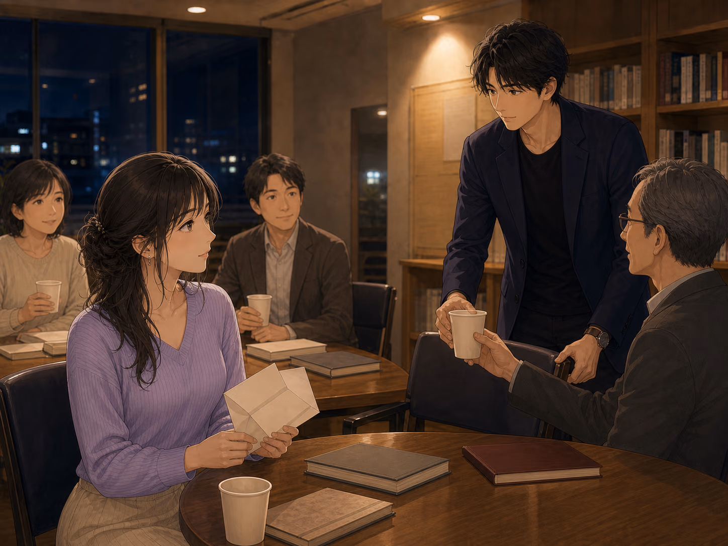 読書会で複数の参加者へ飲み物や席を用意する成人男性を、ラベンダーの服の成人女性が見つめる場面